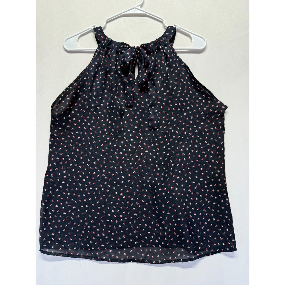Womens Tank Top Medium Navy Blue Ditsy Floral Print‎ Tie Bow Detail Halter Neck